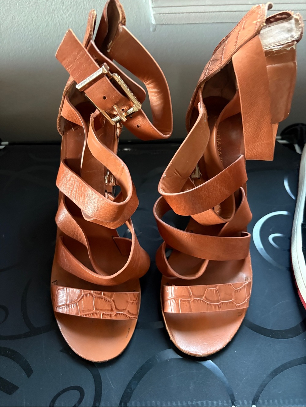 BCBGMAX Women's Strappy Block Heel Sandals in Cognac